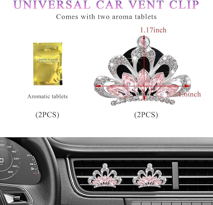 2 PCS Bling Car Air Vent Clips, Crystal Rhinestone Crown Vent Decorative Air Freshener Clips, Sparkly Diamond A/C Outlet Aroma Diffuser Clip for Vehicles, Car Accessories (Pink)
