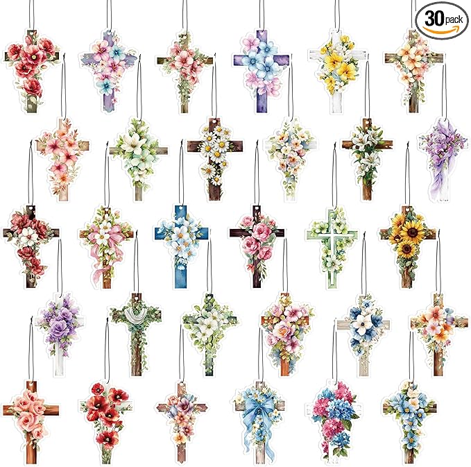 30 Pack Easter Christian Cross Car Air Fresheners Bulk Religious Fresh Flower Scented Hanging Ornaments for Rearview Mirror Easter Cross Fresheners Accessories for Women Men