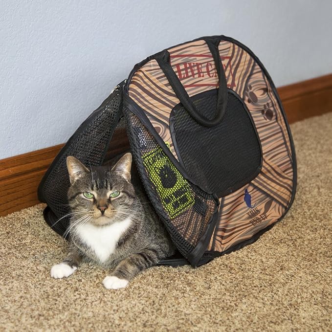 SportPet Designs Pop Open Cat Carrier, Soft-Sided Collapsible Travel Carrier for Cats up to 15 lbs, Lightweight Portable Design with Mesh Ventilation & Secure Zippers, Patterned Live Cat