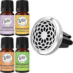 Wild Essentials Sunflower Essential Oil Car Vent Diffuser Kit, Lavender, Lemongrass, Peppermint, Orange Oils, Stainless Steel Locket Pendant, 8 Refill Pads, Customizable Color Changing Air Freshener