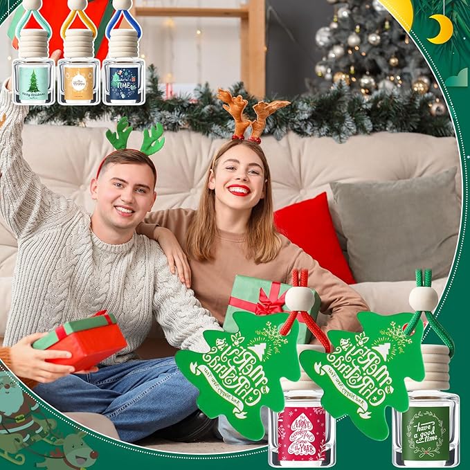 Boao 30 Pcs Christmas Employee Appreciation Gifts Hanging Car Air Freshener Diffuser Bottles Bulk Empty Perfume Glass Bottle Pendant with Christmas Tree Cards & Stickers for Essential Oil Fragrance