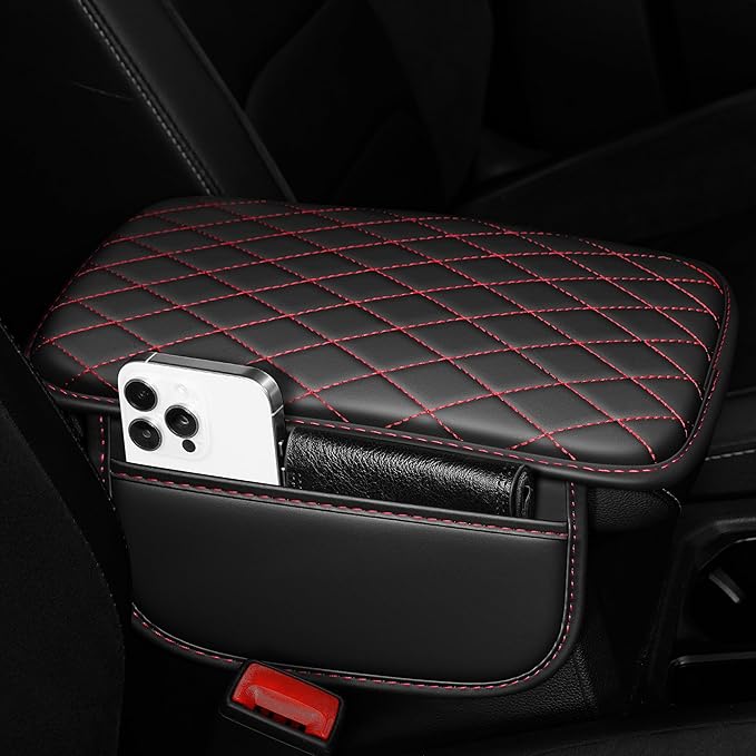 Center Console Cover for Cars Fit for Jeep Wrangler Leather Armrest Covers with 2 Storage Bags(Black&Red)