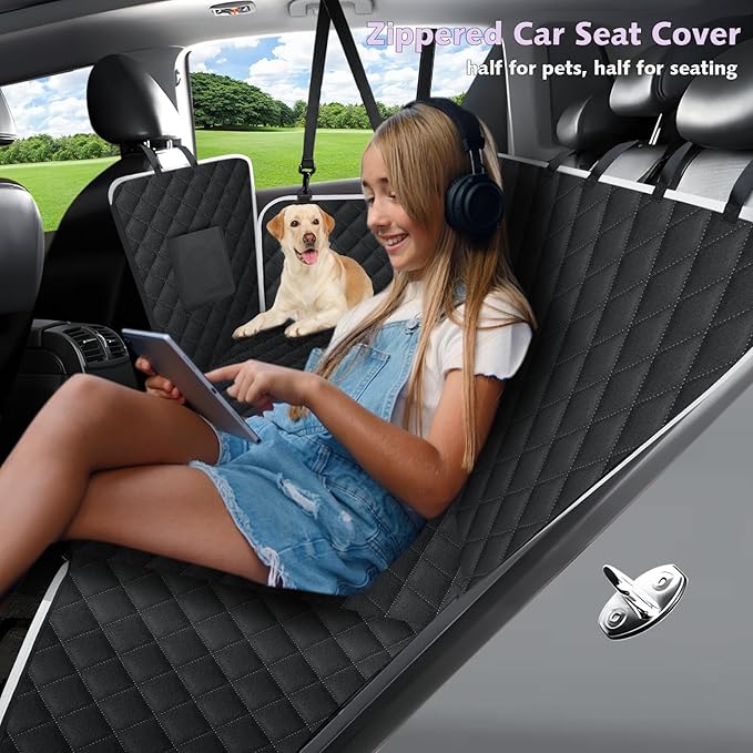 Meolsaek Dog Hammock for Car Back Seat Scratch Proof Nonslip Pet Car Seat Cover,Side Flaps with Zipper, Heavy Duty Car Seat Cover for Dogs with Storage Bag (Black-Zipper)