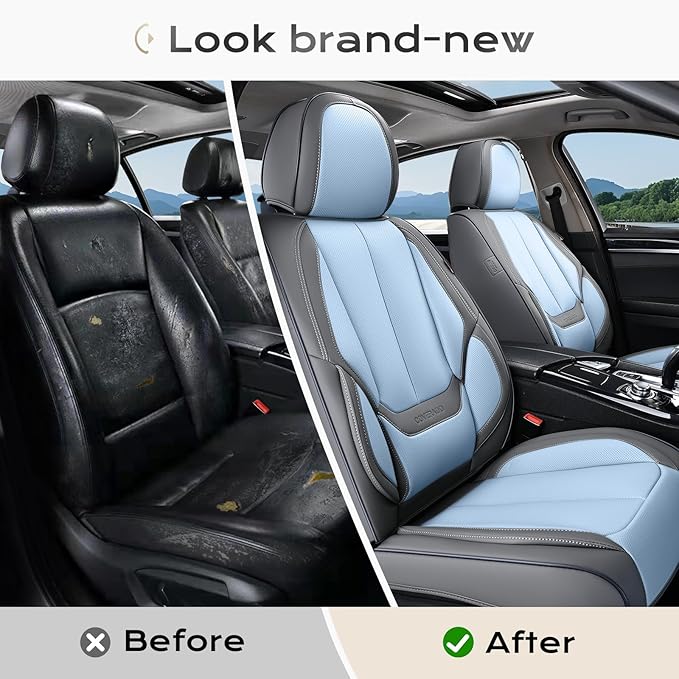 Coverado Seat Covers, Car Seat Covers Full Set, Leather Seat Covers for Cars, Car Seat Protector, Gray Car Seat Covers Front Seats and Back Seats Universal Fit for Most Cars Lightblue