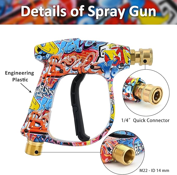 Bear Force High Pressure Washer Gun 3000 PSI Max, Power Washer Short Gun M22-14mm with 1/4 Inch Quick Plug & 5 Tips Nozzle, Compatible for Some of Greenworks Kar-cher Ryobi Homelite Pressure Washer