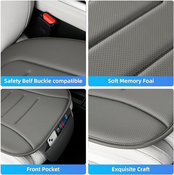 KAYI Car Seat Cushion, Comfort Memory Foam Car Cushions for Driving, Breathable Leather Surface with Anti Slip Rubber Bottom, Seat Cushion for Car and Office Chair (1 Pack, Grey)
