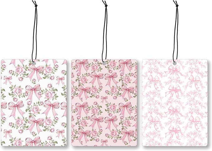 Mancheng-zi Coquette Pink Bow Flower Car Air Freshener 3Pcs, Cute Preppy Girly Floral Air Freshener Hanging for Cars Closet Drawer or Books, Pink Coquette Preppy Car Accessories Mirror Decor for Women