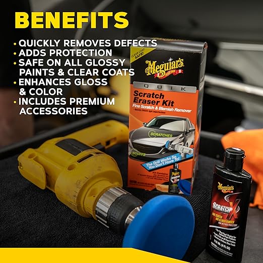 Meguiar's Quik Eraser Kit, Car Scratch Remover for Repairing Surface Blemishes, Car Scratch Repair Kit with ScratchX, Drill-Mounted Pad, and Microfiber Towel, 4 Count