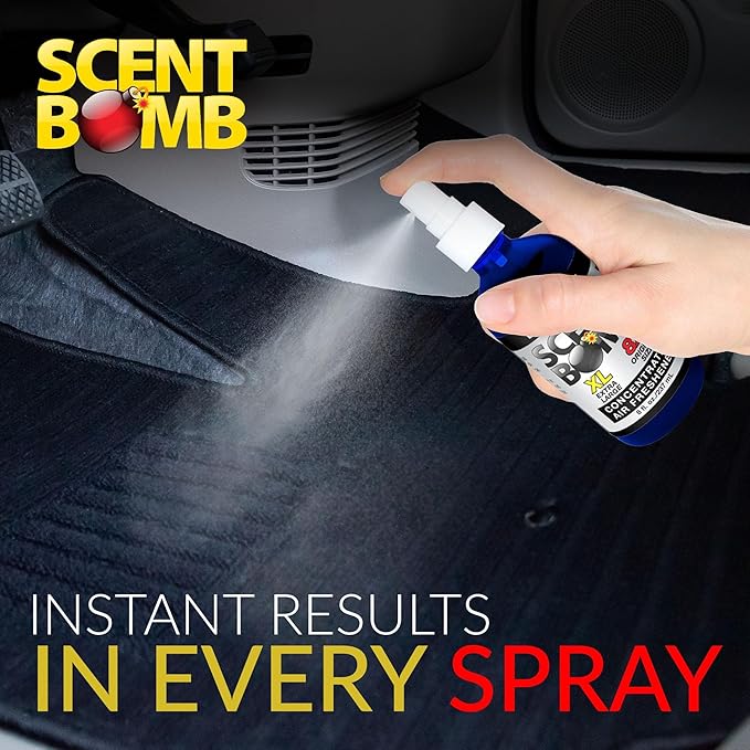 Scent Bomb Air Freshener Bundle - 1 oz & 8 oz Bottle Sprays, Vent Clip, Organic Cans, Hanging Circle - Continuous Freshness & Long-Lasting Odor Eliminator for Car, Home, Bathroom - Black Bomb