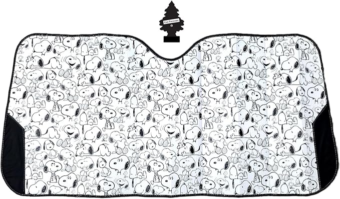 Snoopy Expression Windshield Sunshade + Little Tree Air Freshener Bundle– Universal Fit Windshield Protector for Cars, Trucks & SUVs – Keeps Vehicle Cool & Fresh
