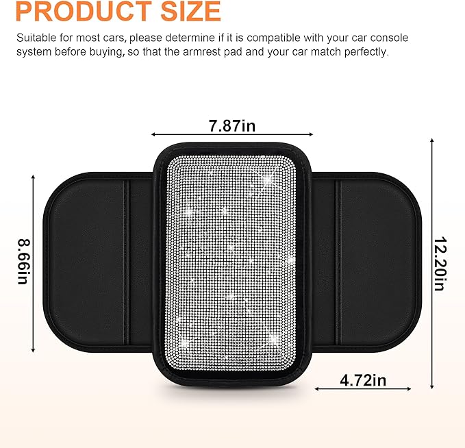Bling Car Center Console Cover Custom Fit for Jeep Cherokee - Leather Armrest Cover with 2 Storage Pockets and Crystal Rhinestones(Black)