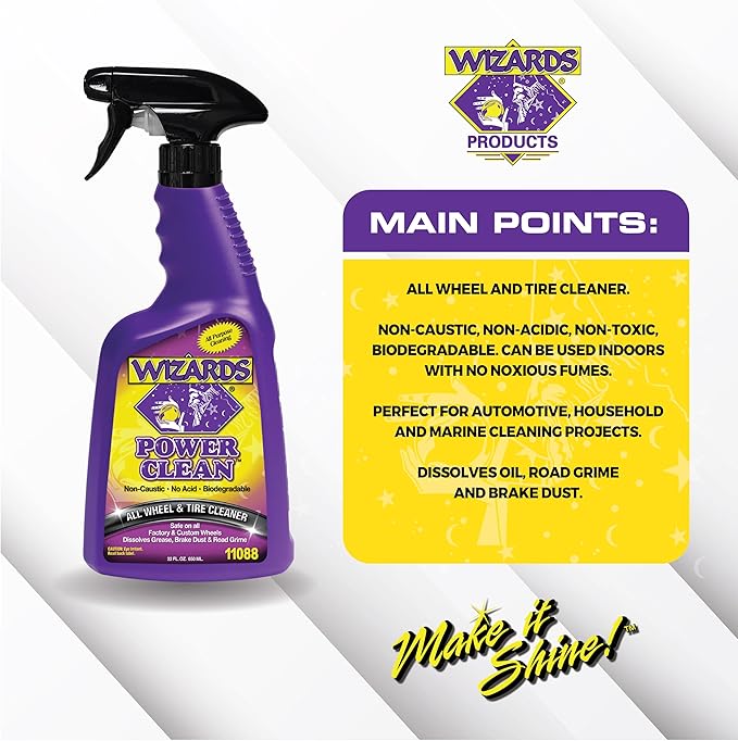 Wizards Mist-N-Shine Detail Spray and Power Clean Wheel and Tire Cleaner - ulti-Purpose High Gloss Finish Waterless Quick Detailer Spray for Glass, Chrome, Paint and Plastics - Non Caustic and No Acid