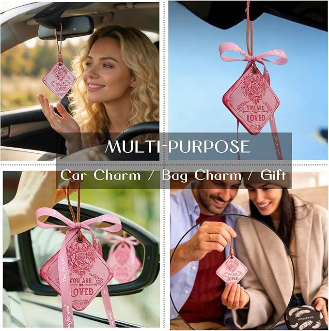 Leather Bag Charms for Hangbags Pink Car Mirror Hanging Accessories Encouragement Gifts for Women You Are Loved Gifts for Women Valentines Day Gifts Car Decor Roses Mothers Day Gifts
