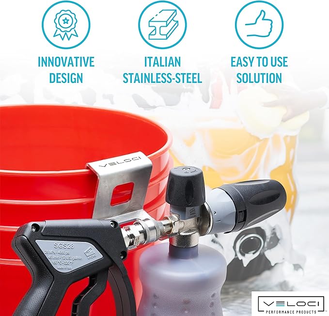 Veloci Performance Utility Bracket, Foam Cannon Bottle Holder for Bucket or Wall Mount, Holds Spray Gun, Lances, or Pressure Washer Accessories, Commercial-Grade, 44.0021