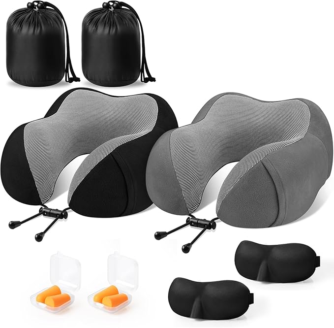 CloudBliss Travel Pillow Premium Memory Foam, Comfortable & Supportive Neck Pillow, Neck Pillows for Sleeping Travel, Airplane Pillow for Sleeping Airplane, Car, Office and Home（Black & Dark Grey）