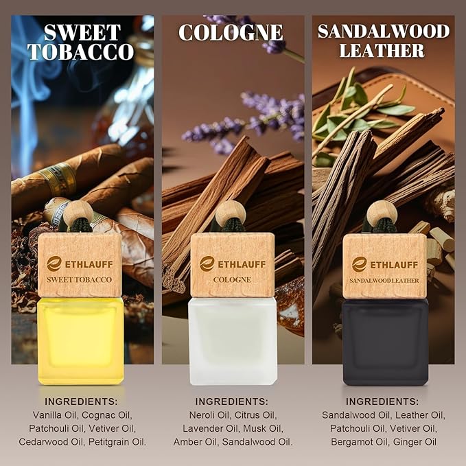 Car Air Freshener Hanging 3 Pack, Air Fresheners Diffuser - Leather, Cologne, Sweet Tobacco Fragrance Oil Air Diffuser for Men, 45+ days Long Lasting Fragrance 0.27 FL OZ/8ML