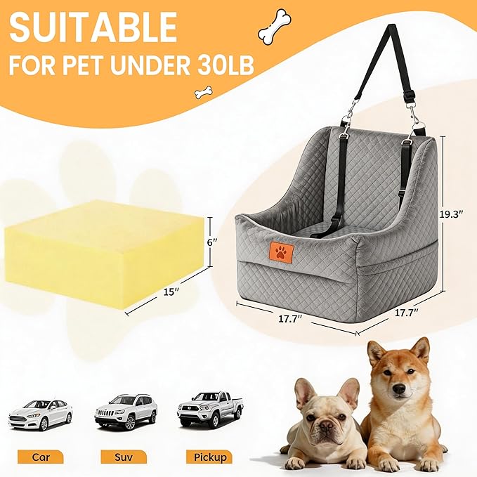 Dog Car Seat for Medium Dogs – Premium Pet Booster Seat with Two Pet Safety Belts, Detachable Washable Cover Non-Slip Base, Portable Dog Travel Seat for Road Trips & Daily Errands Up to 35lbs