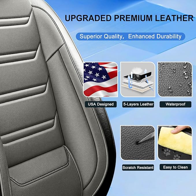 Fit Mazda 3 Car Seat Covers for Select Mazda 3 2010-2019 - Full Coverage Leather, Airbag Compatible, Waterproof & All Weather Seat Cushion Protector, Front Pair Black+Gray