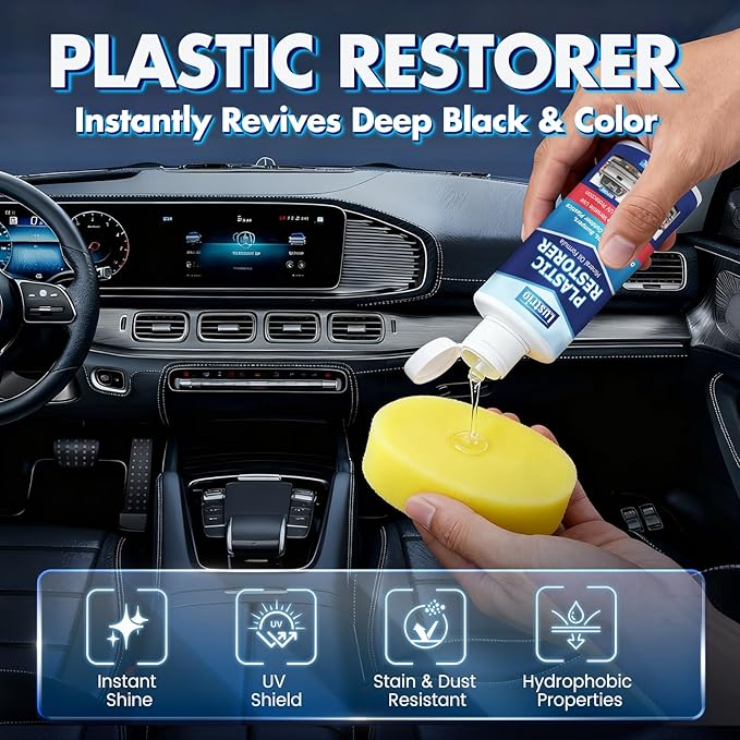 Plastic Trim Restorer – Long Lasting UV Protection Restores Like New, Prevents Fading & Cracking – Easy Application with Applicator for Car Interior & Exterior Bumpers, Vinyl, Rubber – 5oz/150ml