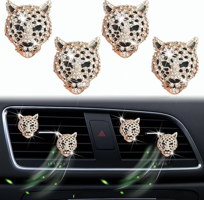 4Pcs Golden Bling Leopard Air Vent Clips, Crystal Car Air Fresheners Vent Clips Diffuser Vent Clip Rhinestone Leopard Decoration Interior Decor Bling Accessories for Women