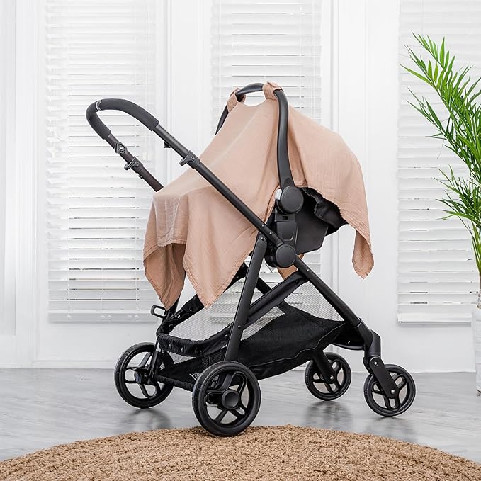 Comfy Cubs Baby Car Seat Cover - Soft, Breathable Bamboo Rayon and Muslin Cotton Blend - Lightweight Canopy for Sun, Bug, and Comfort Protection - Large Size Infant Seat Cover in Blush Design