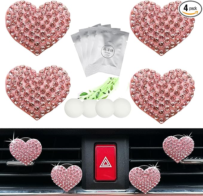 Crystal Heart Car Air Vent Clips, Sparkly Rhinestone Bling Diamond Auto Freshener Holder 4 Pack with Fragrance (Pink, Ocean)