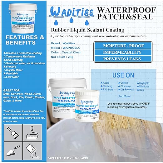 Waterproof Sealant Clear 2L(70 oz), Wadities Wall Bathroom Roof Water-Based Waterproof Coating, Invisible Repairing Leak Seal Liquid Rubber Sealant for Indoor & Outdoor