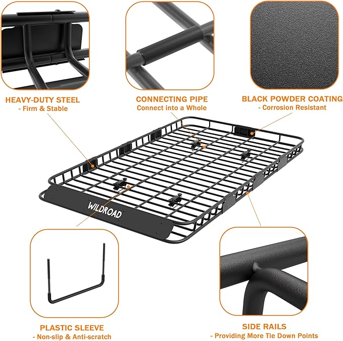 WILDROAD Roof Rack Cargo Basket, Upgraded 4” Fence Wide Car Roof Basket Combo, 84"x 50"x 4" Universal Roof Cargo Carrier Basket with Cargo Bag, Cargo Net and Ratchet Straps Fits for SUV Truck Cars