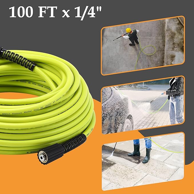 M MINGLE Pressure Washer Hose 100 FT x 1/4" - Replacement Power Wash Hose with Quick Connect Kits - High Pressure Hose with M22 14mm Fittings - 3600PSI