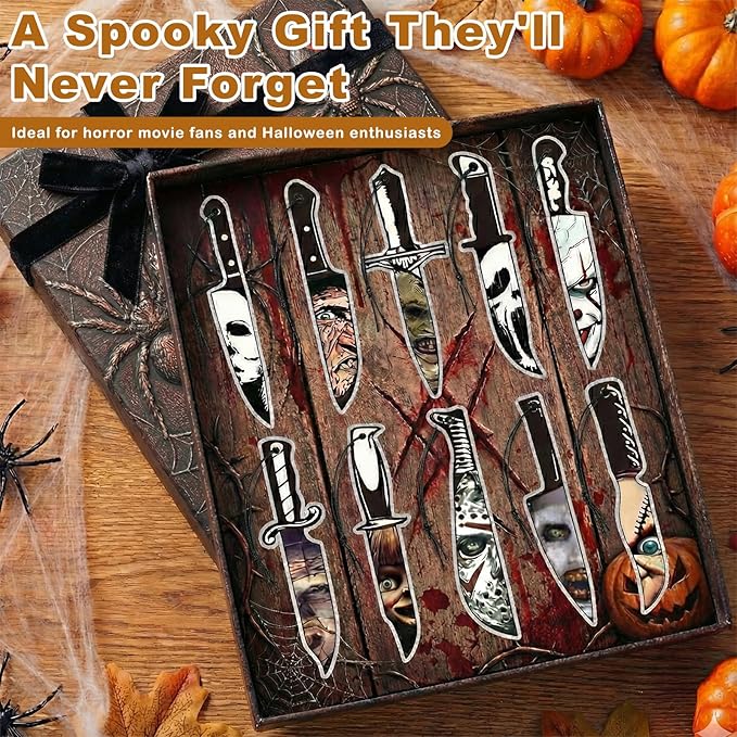 10 Pcs Horror Movie Car Air Freshener Set, Blk Ice Scent Halloween Themed Hanging Knife Design, Spooky Halloween Gifts for Women Men, Classic Horror Movie Character Car Accessories Decor.