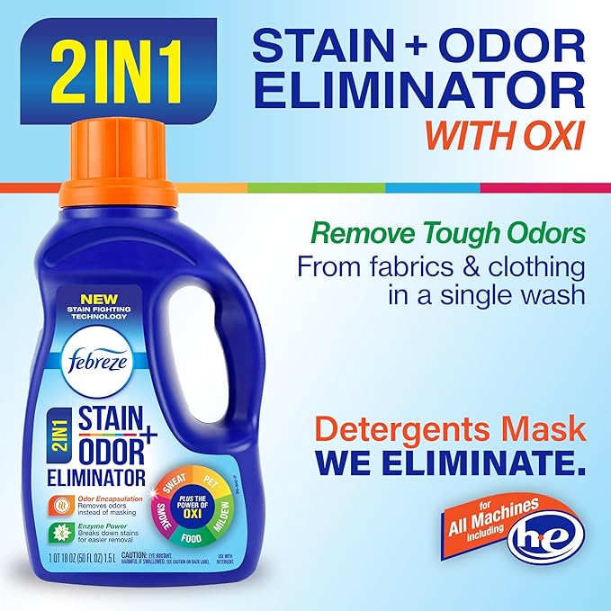 Febreze Laundry Detergent Additive, Original Strength In Wash Odor Eliminator, Designed to Remove Odors in a Single Wash Caused by Sweat, Food, Smoke, Fresh Scent, 50 fl oz (2 Pack)