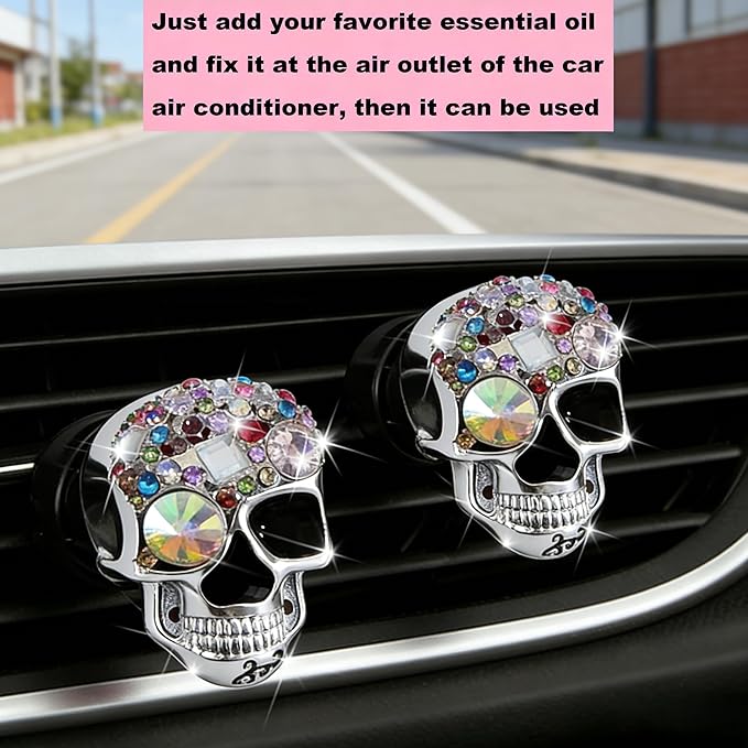 Gothic Skull Car Air Freshener Vent Clips with 2 Pads, Halloween Scented Car Accessories for Men Women, Automotive Interior Decor and Cool Car Fresheners for Men， Spooky Gift Idea-A7