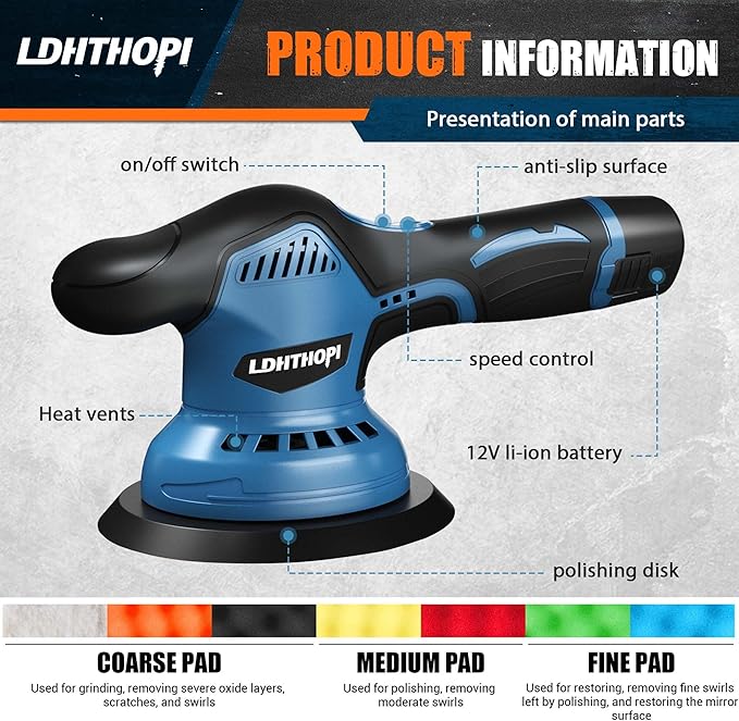 Cordless Polisher, 12V 2000mAh Battery Dual Action Polisher, 8 Variable Speed, 2600-6000OPM for Car Detailing, for Car, Boat, Wall, Floor, DIY (2 Batteries)