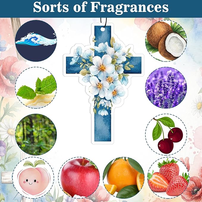 30 Pack Easter Christian Cross Car Air Fresheners Bulk Religious Fresh Flower Scented Hanging Ornaments for Rearview Mirror Easter Cross Fresheners Accessories for Women Men