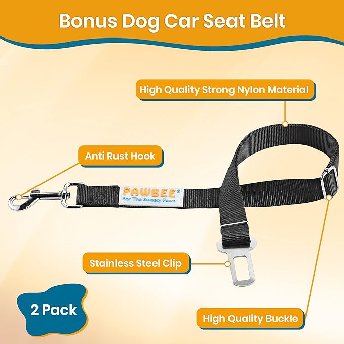 PAWBEE 2-Pack Dog Seat Belts for Cars - Adjustable Nylon Car Harness with Stainless Hooks, Safety Seatbelt Harnesses for Dogs, Durable Dog Car Seat Belt Clip, Essential Travel Accessories for Pets