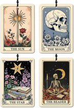 Witchy Gothic Car Air Freshener 4 Pcs, Vintage Boho the Moon Sun Star Reader Tarot Card Hanging Air Freshener for Closet Drawer Books, Goth Skull Skeleton Car Accessories Mirror Decor for Women