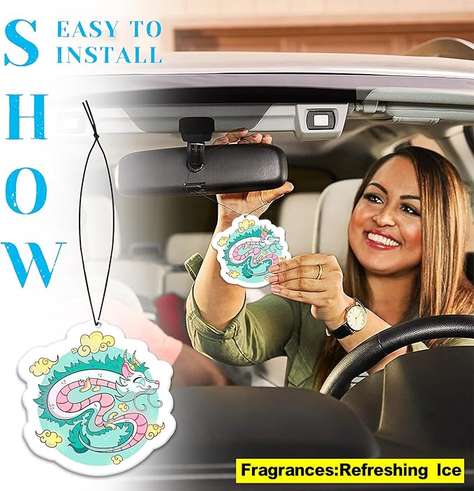 Pounchi Japanese Anime Car Air Freshener Cards (4 Pack Refreshing Ice Scent) Cute Anime Accessories for Car Interior Hanging Gift Rearview Pendant Supplies