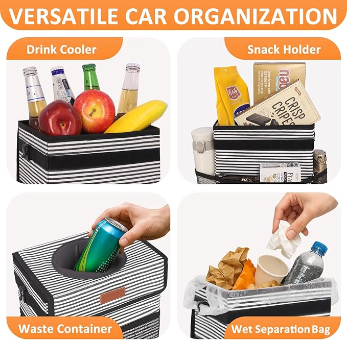 Car Trash Can for Car Cute, Bag Bin Hanging Waterproof Automotive Garbage Cans Leak Proof Vehicle Trash Can Stripe