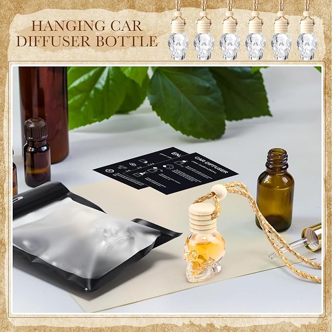 Boao 100 Sets Hanging Car Air Freshener Diffuser Bottles with Instruction Card and 4 x 6'' Resealable Holographic Bag for Empty Car Essential Oil Perfume Bottles Packaging (Black Card,Skull)
