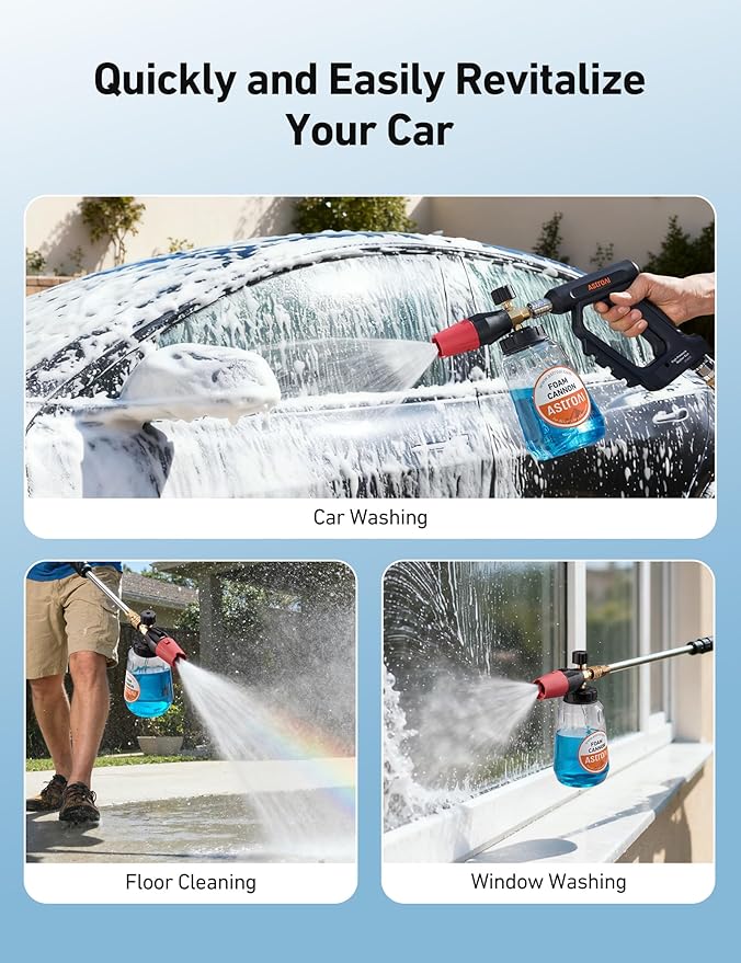 AstroAI Foam Cannon for Pressure Washer, Snow Clear Foam Cannon, Wide Neck Foam Blaster Adjustable Nozzle for Car Wash Accessories, with 1/4 Inch Quick Connector, 1 L Clear Bottle
