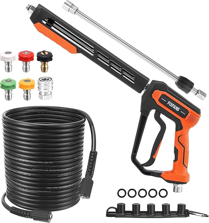 Pressure Washer Gun and Hose Kit, 50 FT High Power Washer Hose with Replacement Wand Extension, 5 Nozzle Tips, M22 Fitting