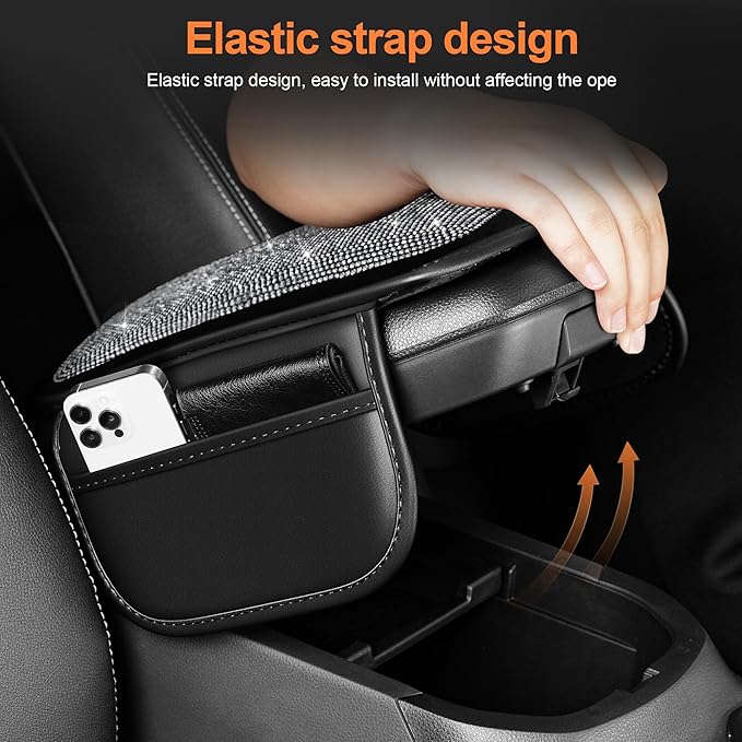Bling Car Center Console Cover Custom Fit for Jeep Renegade - Leather Armrest Cover with 2 Storage Pockets and Crystal Rhinestones(Black)