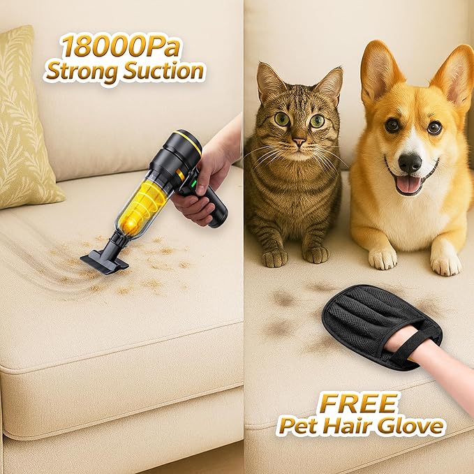 Handheld Car Vacuum, Cordless Portable Vacuum Cleaner with 18000Pa Suction, USB-C Rechargeable, Mini Vacuum for Car, Home, Office, Pet Hair Remover Glove (Black)