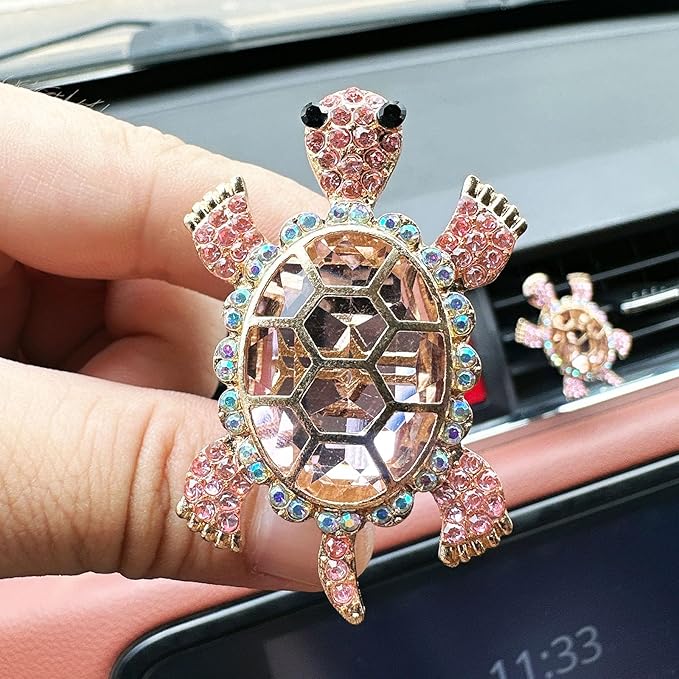 2pcs Cute Shiny Rhinestone Turtle Car Air Freshener Clip – Stylish Vent Fragrance Diffuser with Ocean Scent – Universal In-Car Decoration for Men & Women (pink, Ocean)