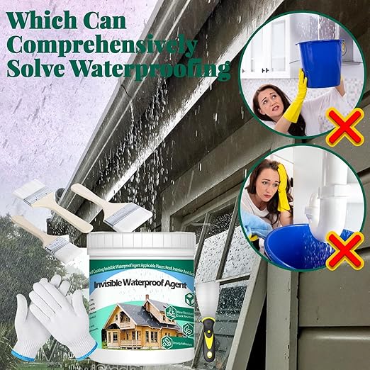 1Kg/35.3Fl.oz Invisible Waterproof Agent Indoor&Outdoor Waterproof Coating Set Transparent Liquid Sealant with Wooden Brush Resistant Work Gloves Putty Shovel Cut