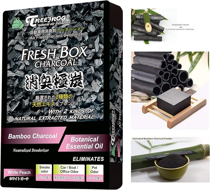 Treefrog Fresh Box Charcoal Air Freshener, White Peach Scent 2-Pack, Natural Activated Extracted Material, Black, Bamboo Charcoal, 200g. Captures, Eliminates Odors, and Freshens Air
