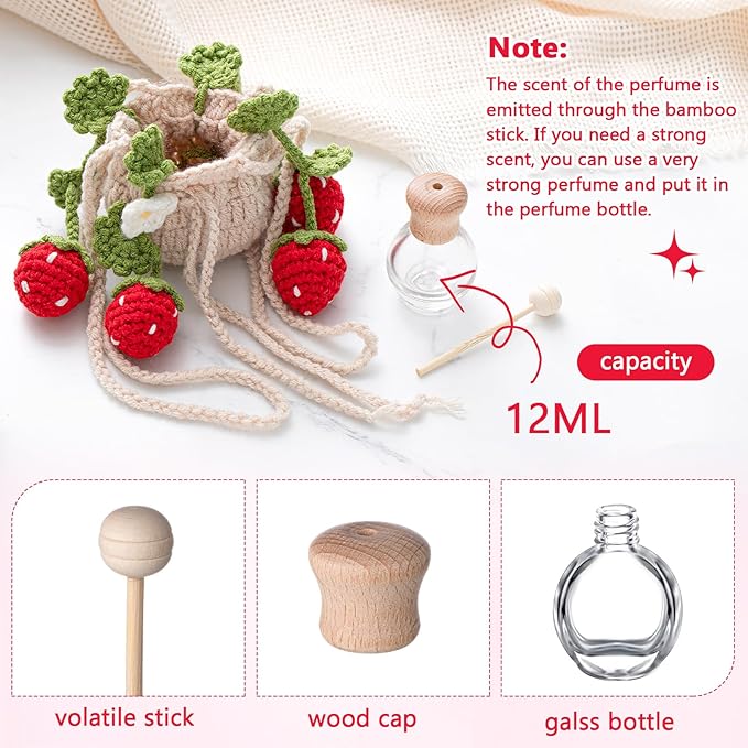 Cute Crochet Plant Car Freshener 12ml Empty Refillable Diffuser Bottle with Plants Hanging Accessories for Rearview Mirror Home Office Decor Women Mother's Day Gifts(Strawberry)