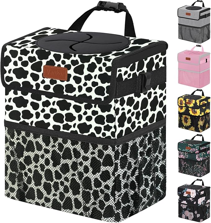 3 Gallons Car Trash Can with Lid, Car Bag Bin Hanging Waterproof Automotive Garbage Cans Leak Proof Vehicle Trash Can Cow Print