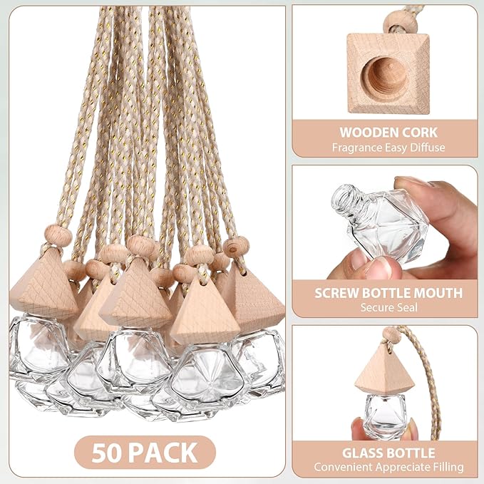 Demissle 50 Pcs Hanging Car Air Freshener Car Diffuser Bottles Empty Glass Perfume Diffuser Bottles Pendant Bulk for Essential Oils Fragrance Aromatherapy Bottle Ornament(Diamond and Triangle)