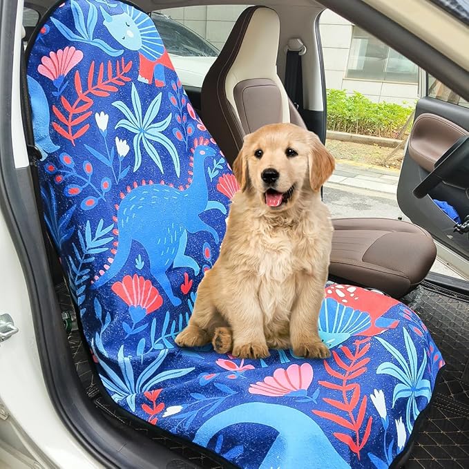 Waterproof Sweating Car Seat Cover for Post Gym Workout, Running, Swimming, Beach and Hiking, Universal Fit Non-Slip Bucket Seat Protector for Cars SUV Trucks, Machine Washable (Dinosaur)
